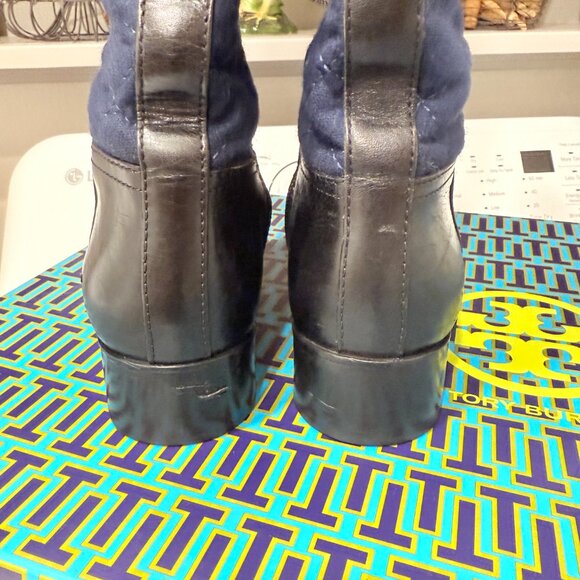Tory Burch Black Leather & Blue Quilted Roslie Tall Riding Boots with Gold Logo - Picture 15 of 17
